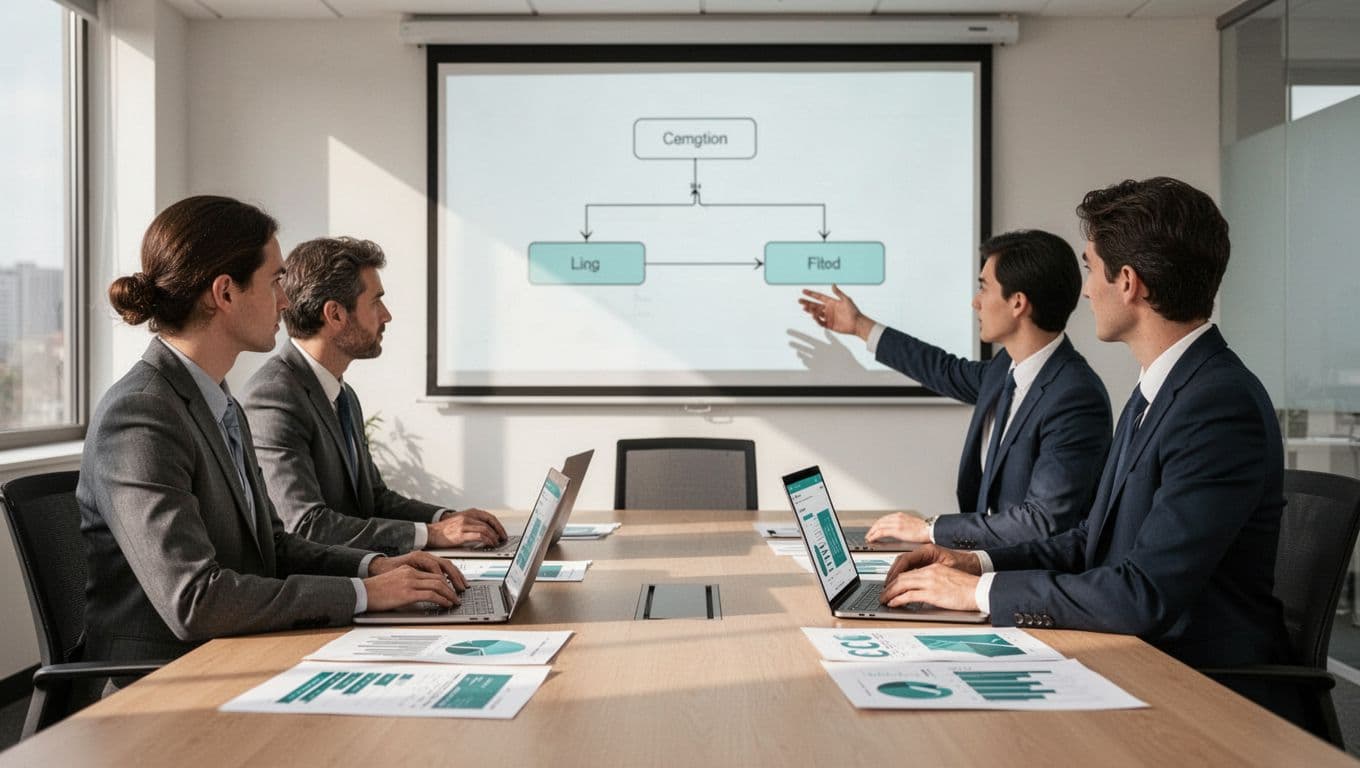 Modern illustration of two professionals in a conference room discussing continuous monitoring strategy, one pointing to a projected screen with a simple flow diagram, using clean shapes and green accents.