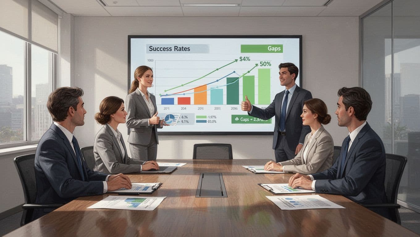 Modern illustration of exactly five people in a conference room reviewing charts displaying success rates and gaps after an exercise, featuring a thumbs up gesture, clean shapes, natural lighting, and green accents on graphs.