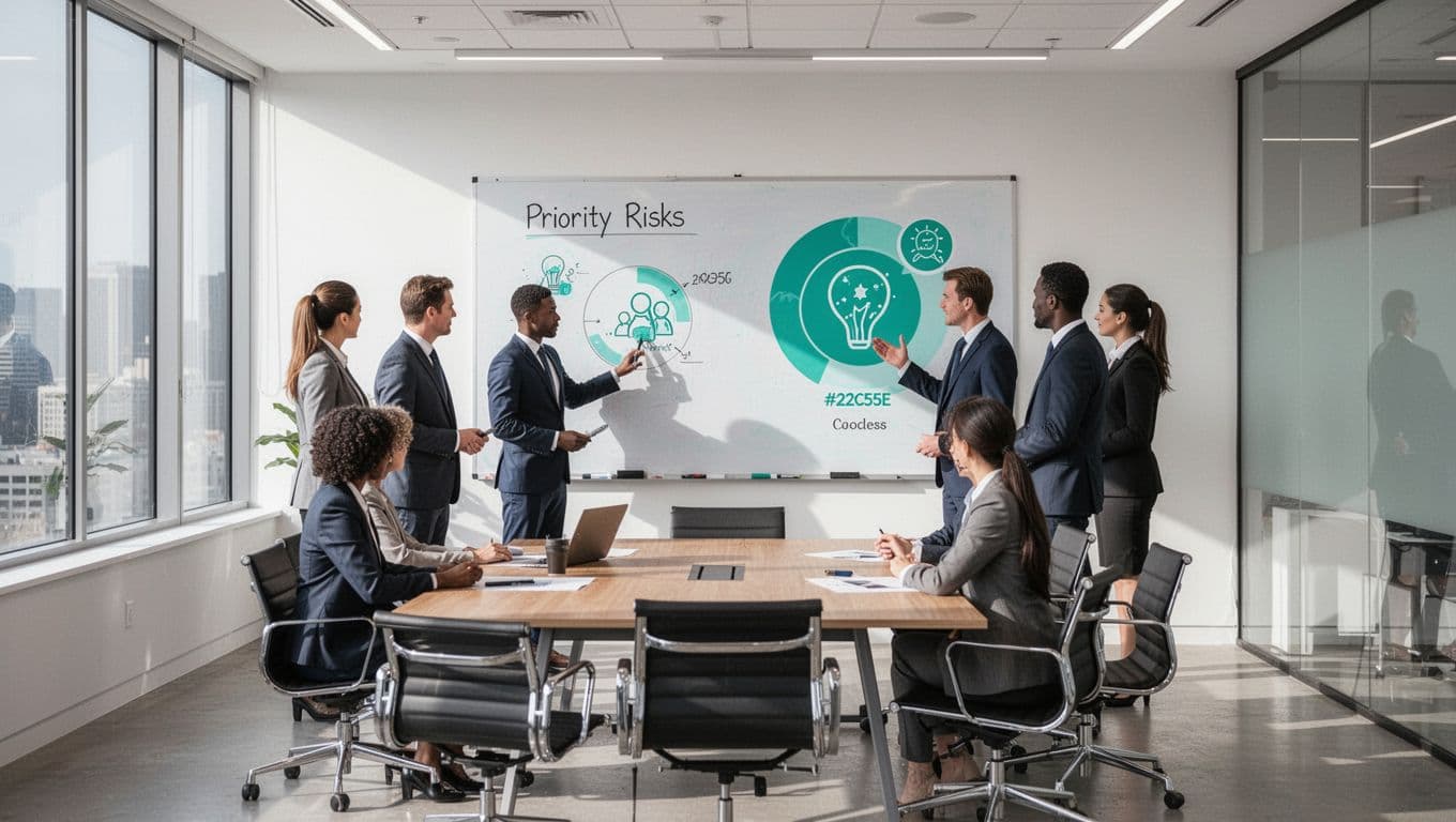 Team of security and business professionals in a meeting room prioritizing vendor risks on a whiteboard using icons, modern illustration with clean shapes and bright lighting, showing group interaction with exactly four people.