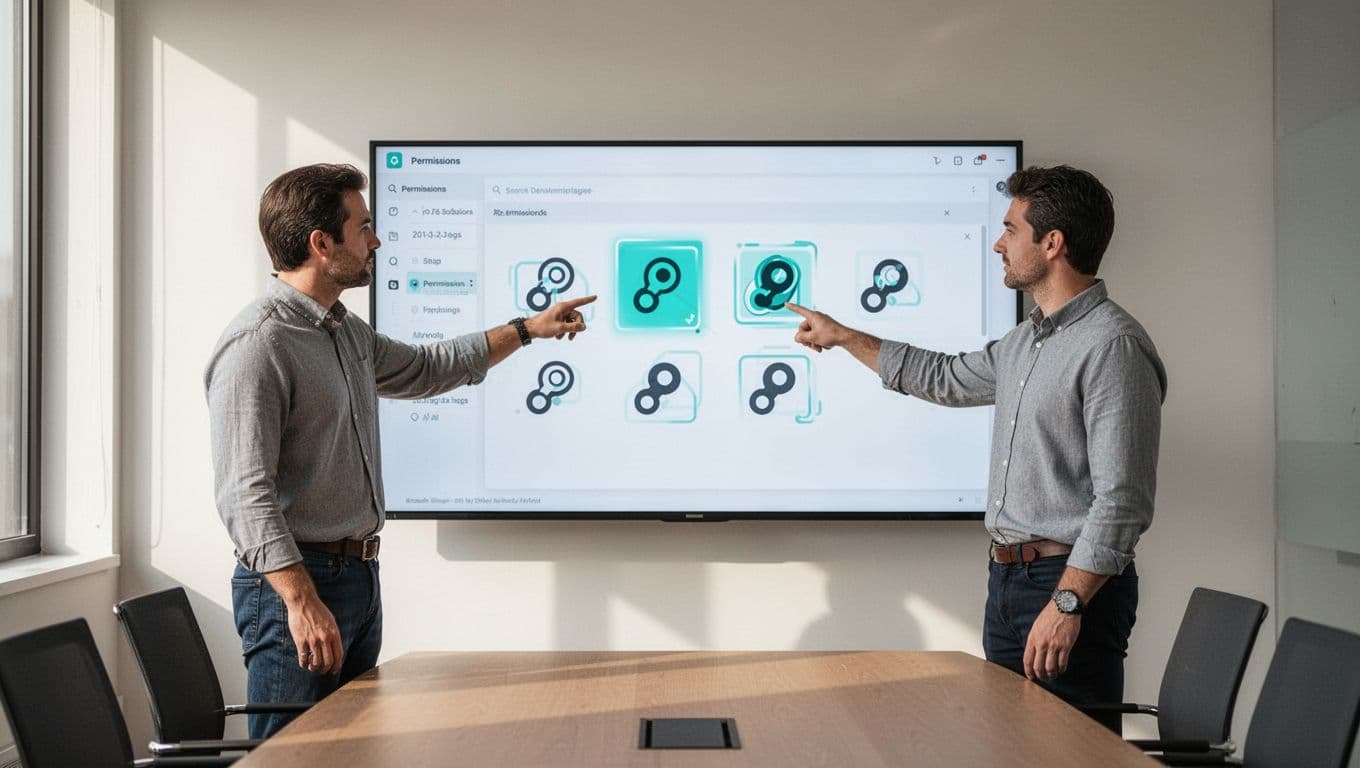 Modern illustration of a team in a conference room reviewing access logs on monitors, with two people pointing at a screen showing permissions using clean shapes and green accents.