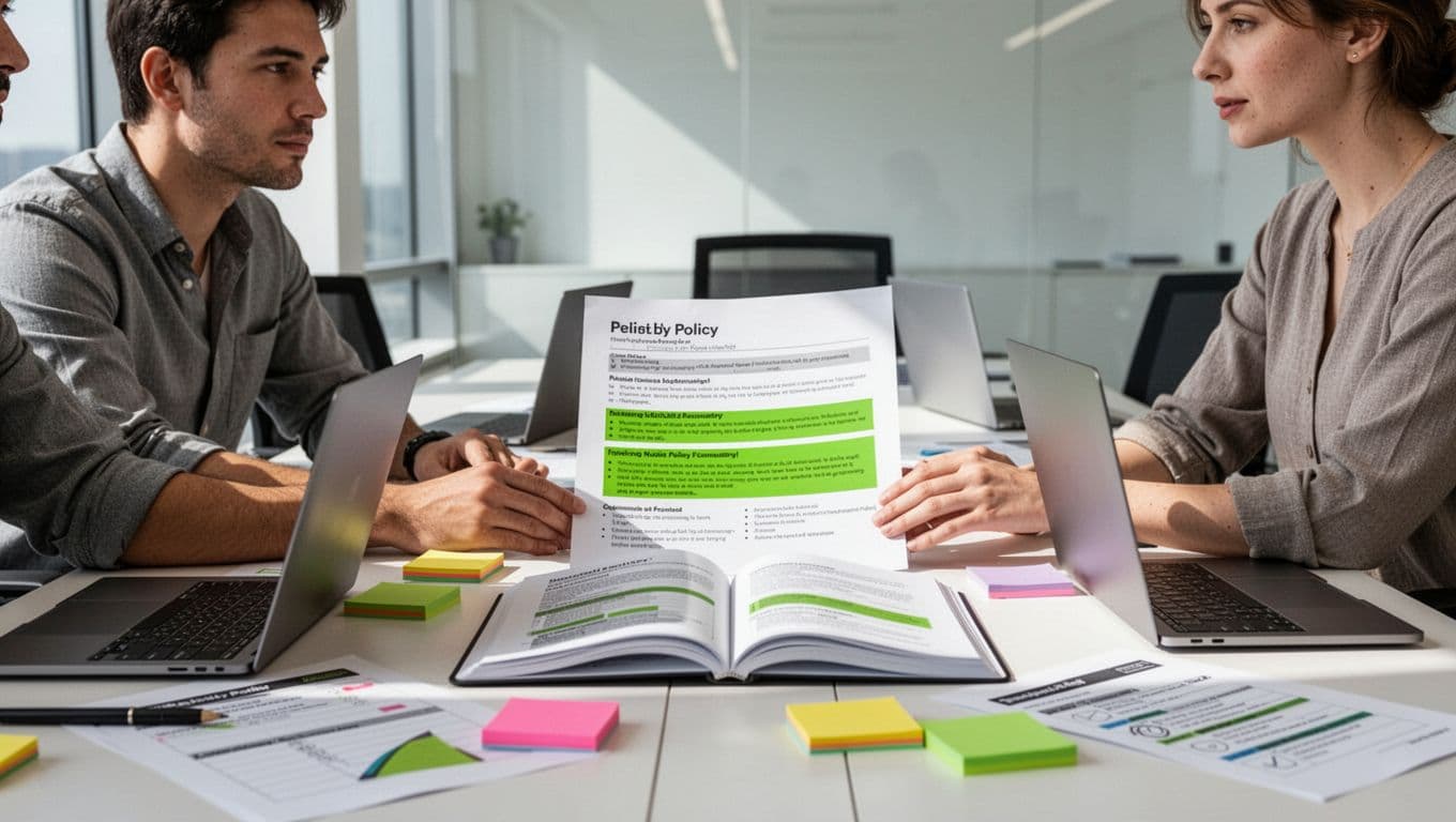 Modern illustration of a three-person team collaboratively reviewing a data disposal policy document on a conference table surrounded by laptops, checklists, and sticky notes in an office setting with natural daylight.