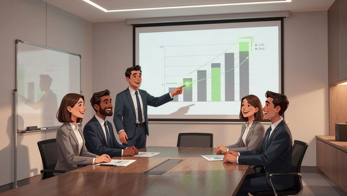 Three business professionals in a modern conference room gather around a table, smiling and nodding as they review a projected bar chart showing high scores for security proposals, with one pointing to the screen.