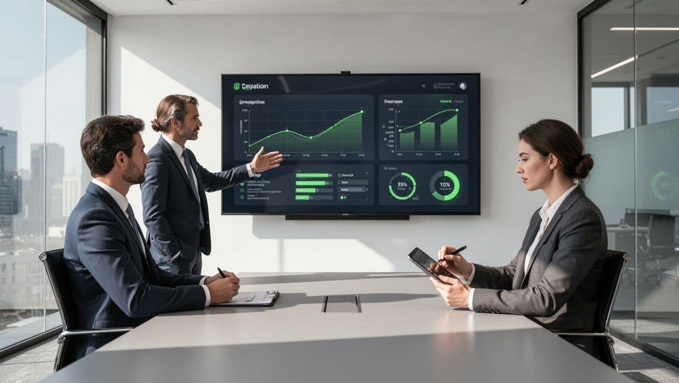 Modern illustration of exactly two team members in a conference room: one pointing at a shared screen displaying a digital security exception log, the other taking notes on a tablet. Clean shapes, controlled colors with green accents on UI elements, side-angle composition, bright natural lighting.