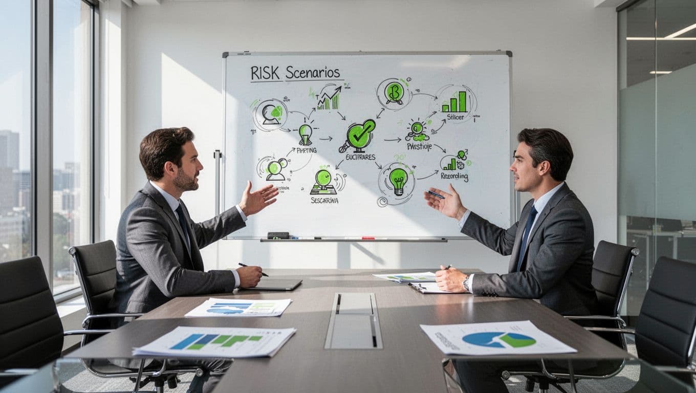 Modern illustration showing a team discussing risk scenarios around a conference table with charts, two people gesturing at a whiteboard with risk icons, office setting, clean shapes, controlled colors using green for highlights, strong composition, bright lighting, exactly two people, no extra humans, no text or logos, no watermarks.