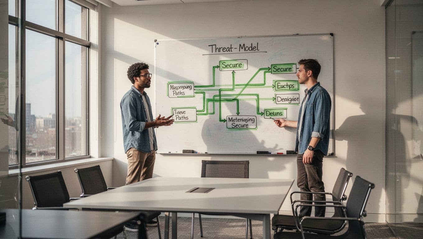 Four developers seated around a table in a meeting room discuss a threat model diagram with green highlights on a whiteboard.