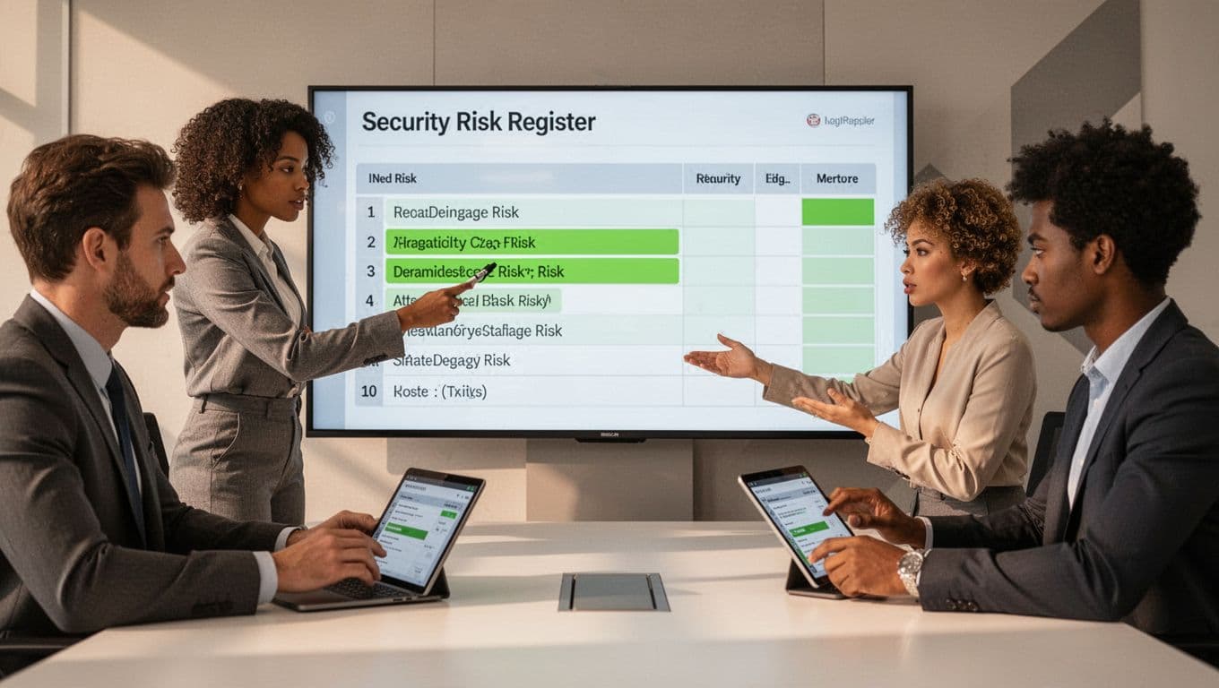 Three diverse professionals collaborate around a digital board in a conference room, one pointing to a risk, another typing on tablet, third reviewing.