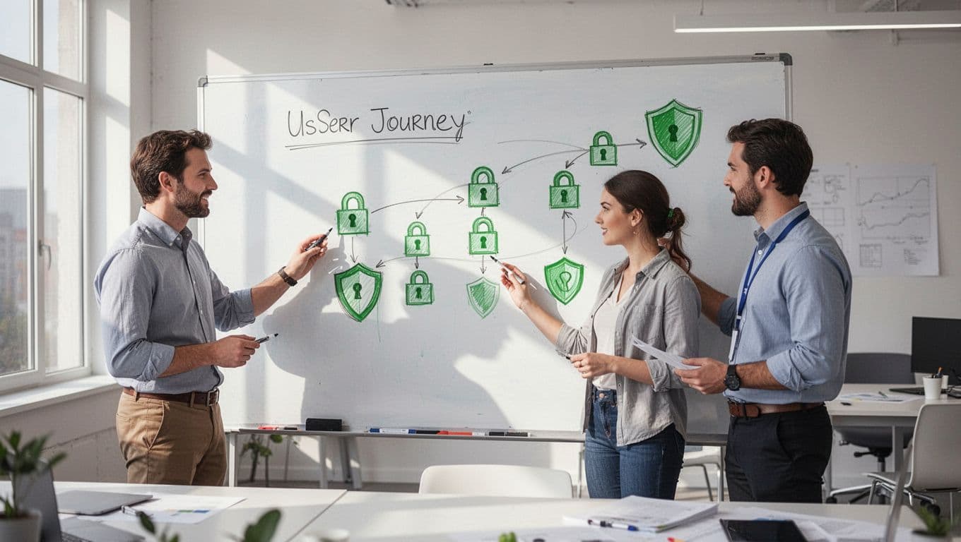 Three professionals in bright office workshop whiteboard user journey map with green locks and shields.