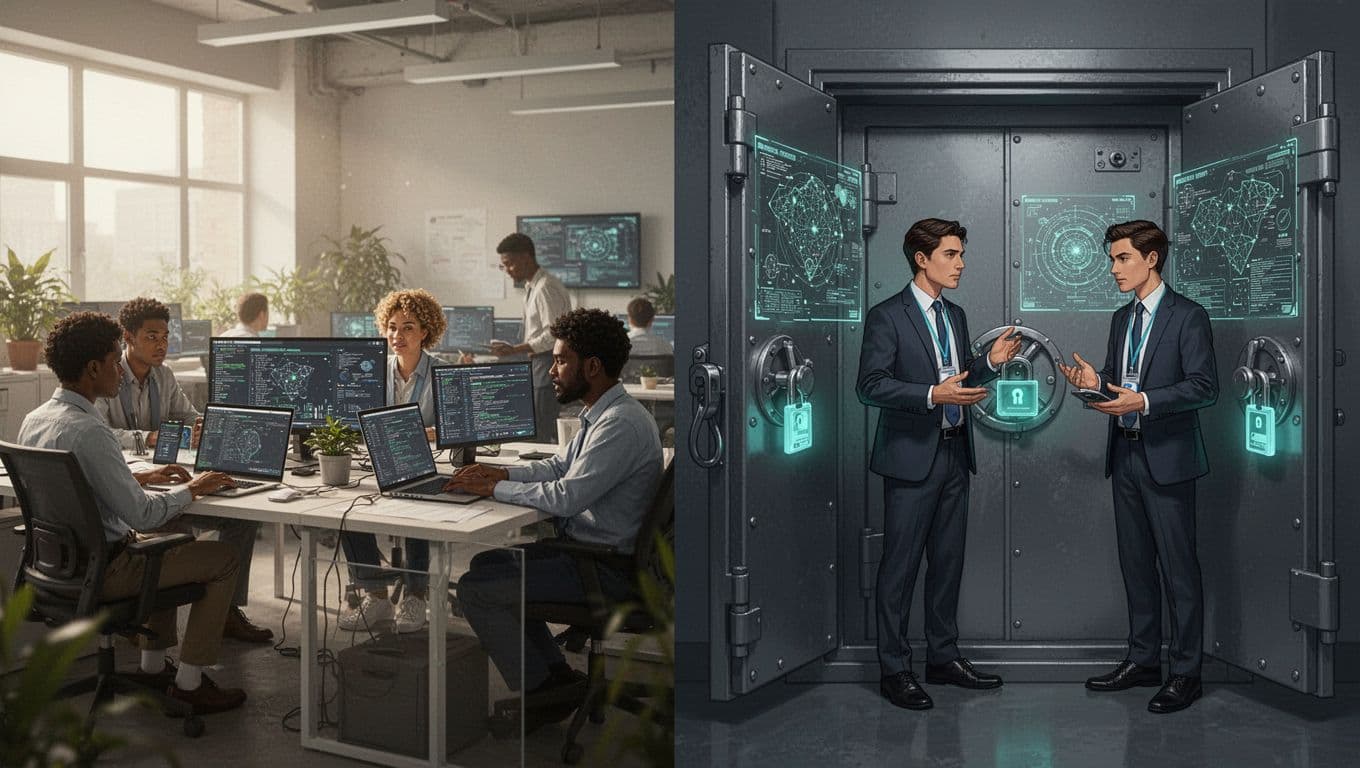 Modern split-composition illustration contrasting busy open tech office recruiting with secure vault room for cybersecurity experts reviewing threats.