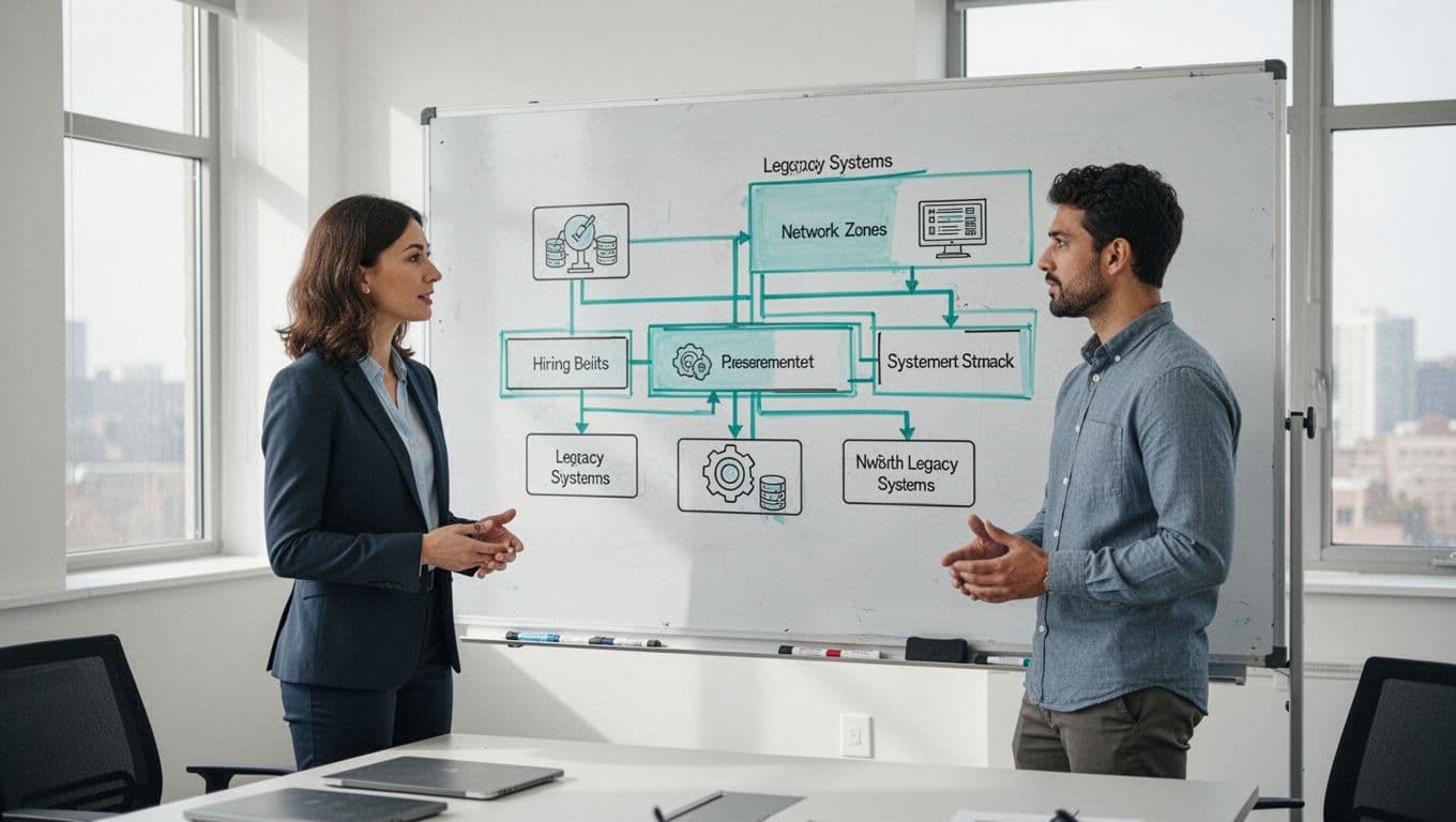 Professional hiring manager and candidate discuss a security diagram on a whiteboard showing segmented networks and legacy systems in a modern conference room illustration.