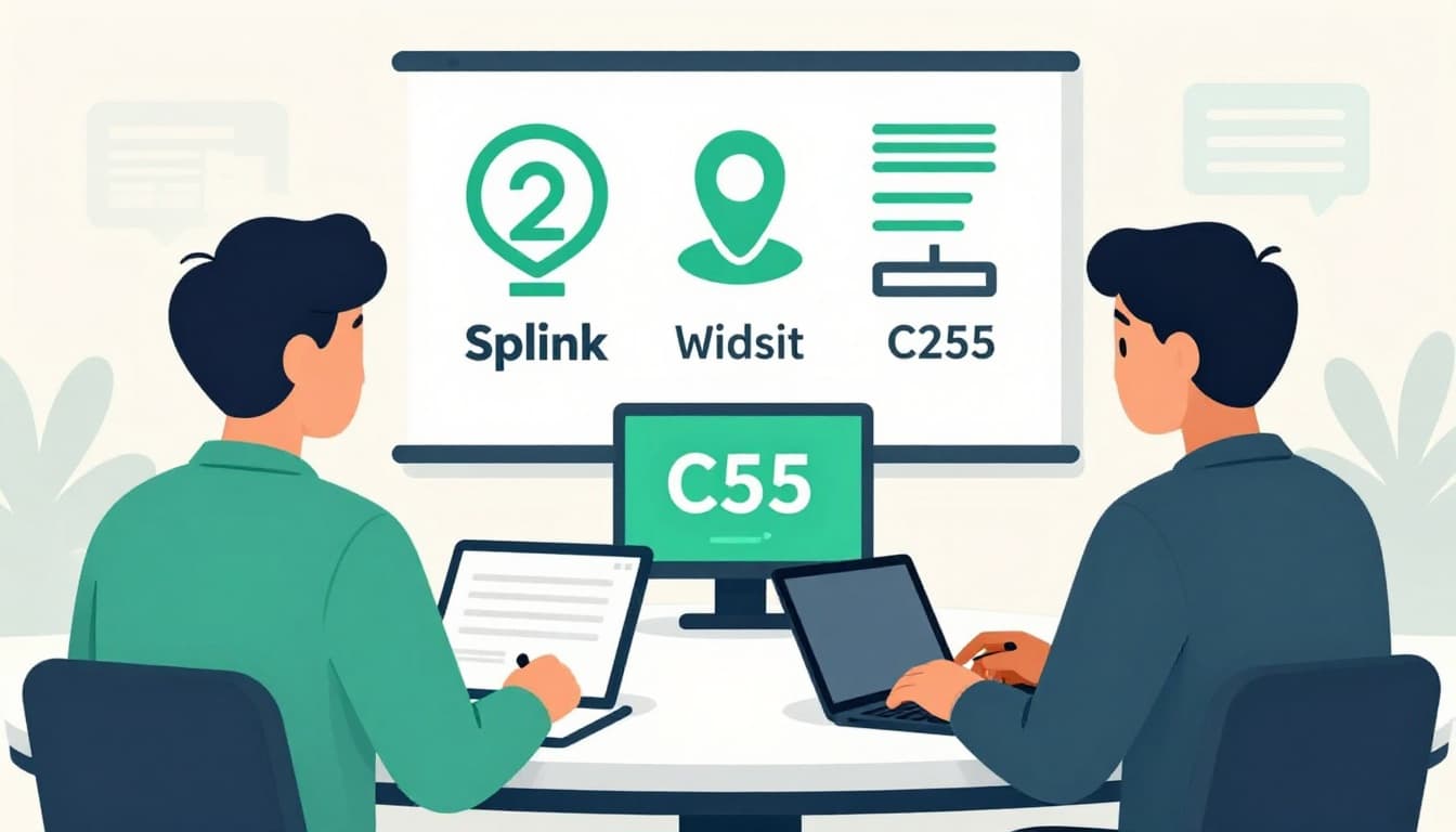 Modern illustration of a technical interview with an interviewer and candidate across a table in a conference room, featuring Splunk and Wireshark icons in green accents, focused expressions, and relaxed hands to depict hands-on skills testing.