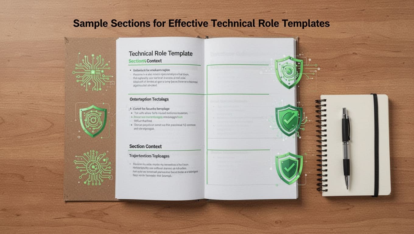 Flat lay of an open document on a wooden desk with subtle sections divided by tech icons like circuit patterns and shields, notebook and pen nearby, top-down view in modern illustration style.