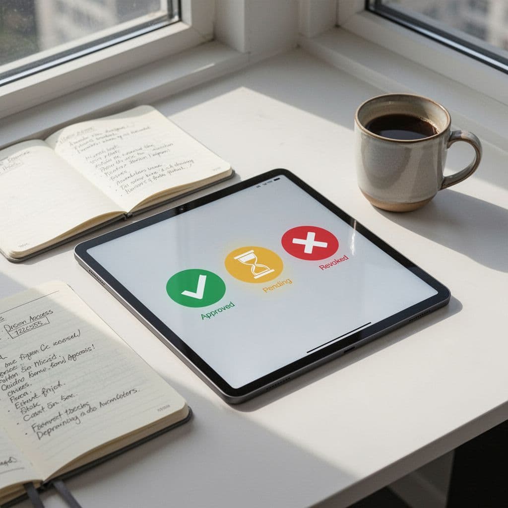 Modern illustration featuring a digital tablet displaying a checklist next to a notebook with notes on third-party vendors, access levels, and review dates, set on an office desk with a coffee mug and simple access status icons.