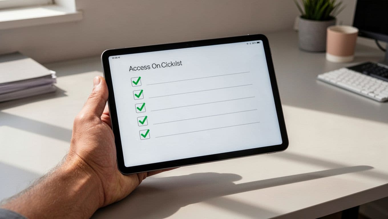 Modern illustration of a digital checklist on a tablet screen held by a relaxed hand on a clean office desk, with green checkmarks for permissions review, access audit, and risk assessment.
