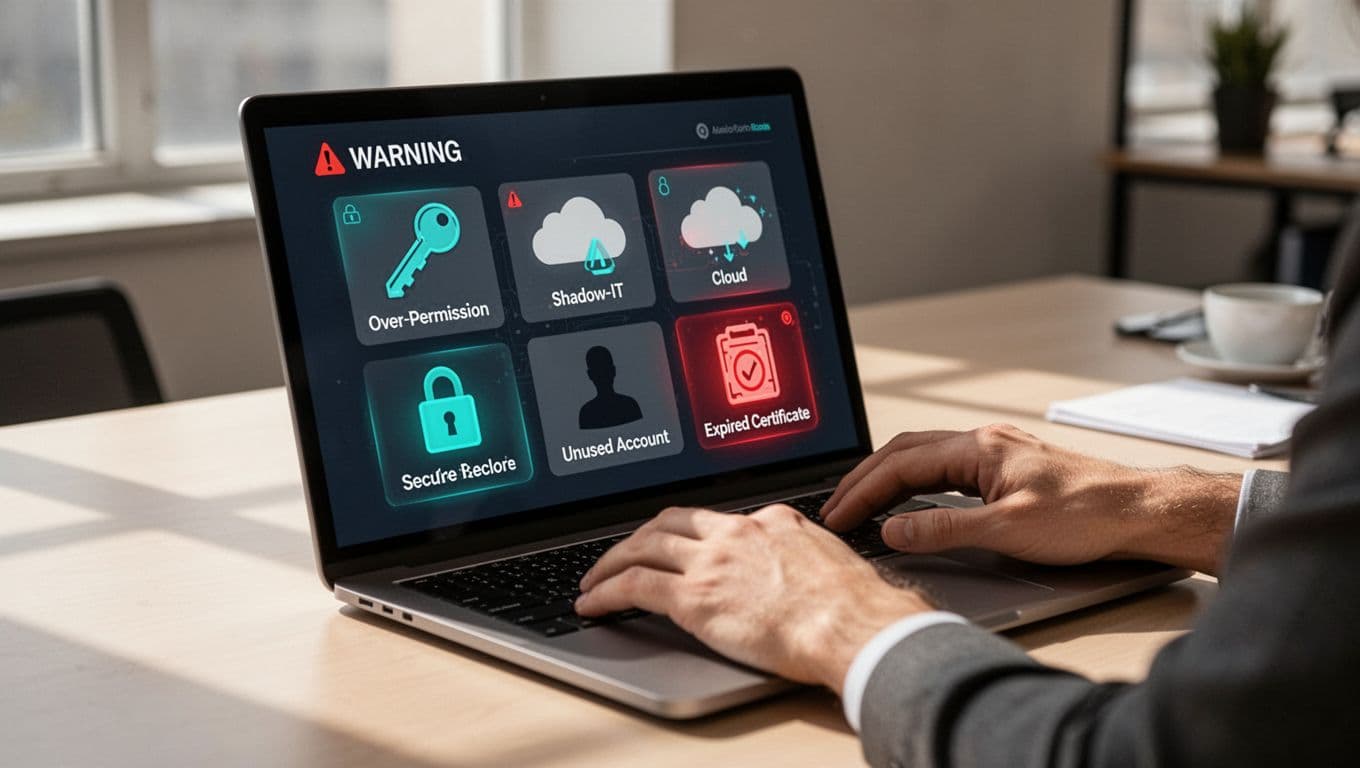 Modern illustration of warning icons for third-party access risks including over-permission keys, shadow IT clouds, unused accounts, and expired certificates, arranged in a dashboard layout on a laptop screen viewed from side angle in an office desk setting with green secure lock accents.