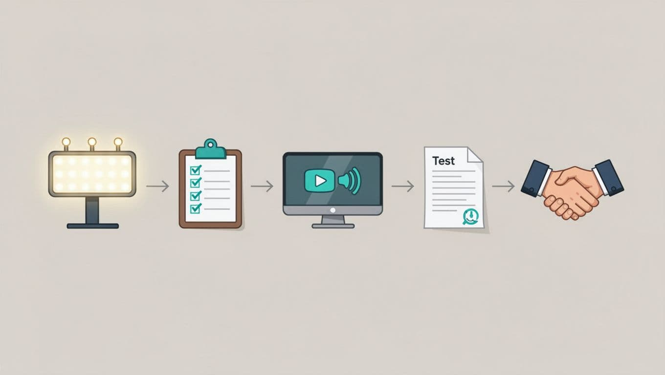 Horizontal sequence of icons for job posting, resume screening, video interview, skills test, and handshake offer, connected by arrows.