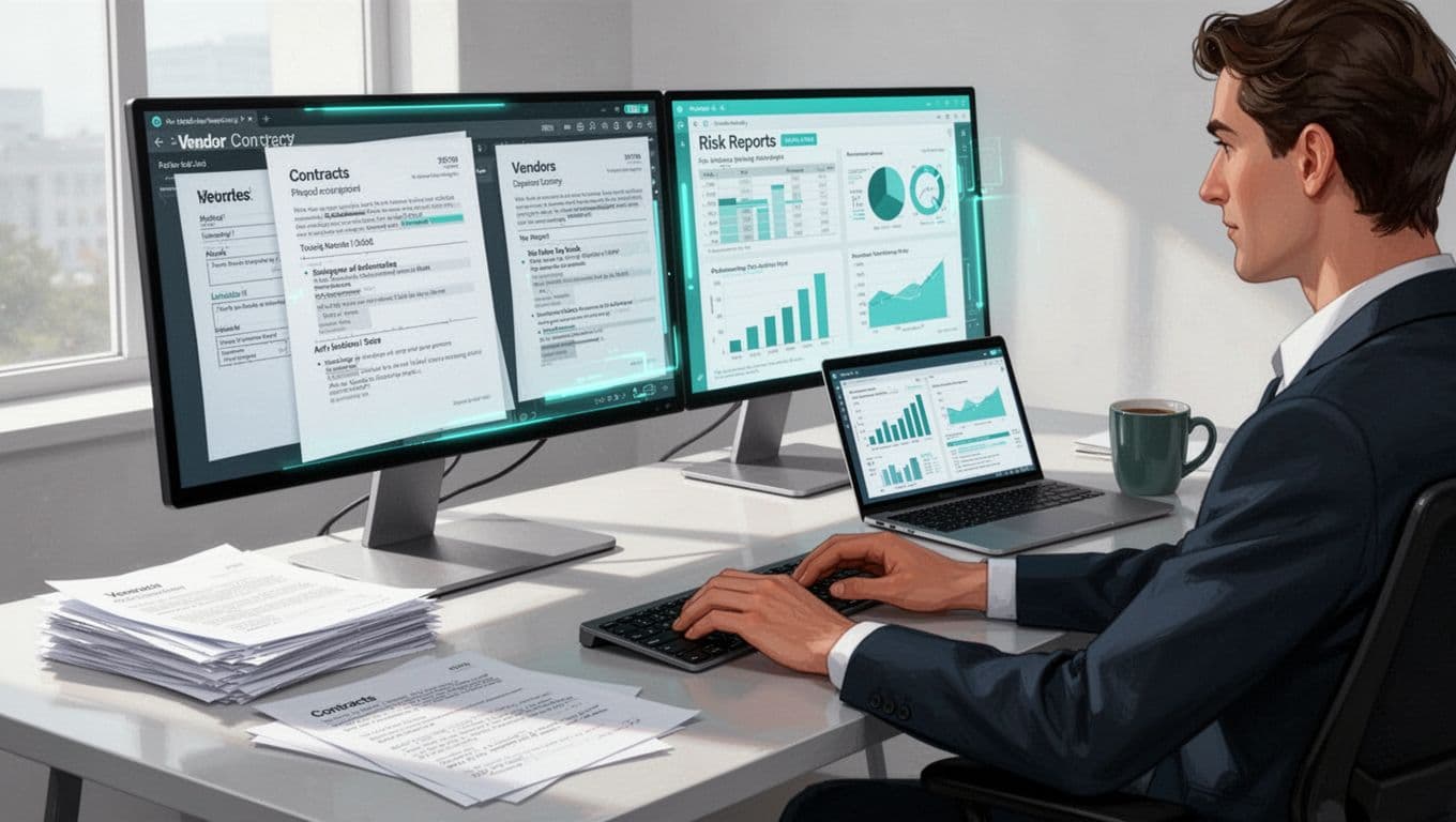 A third-party risk analyst reviews vendor contracts and risk reports on dual monitors in a modern office with natural daylight, clean professional atmosphere.