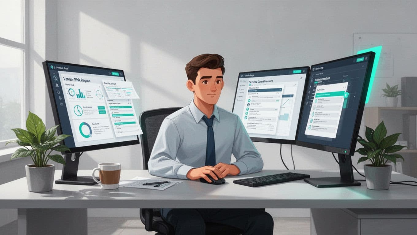 Third-party risk analyst at modern office desk reviews vendor risk reports and questionnaires on dual monitors, hand on mouse, with plants and coffee mug.