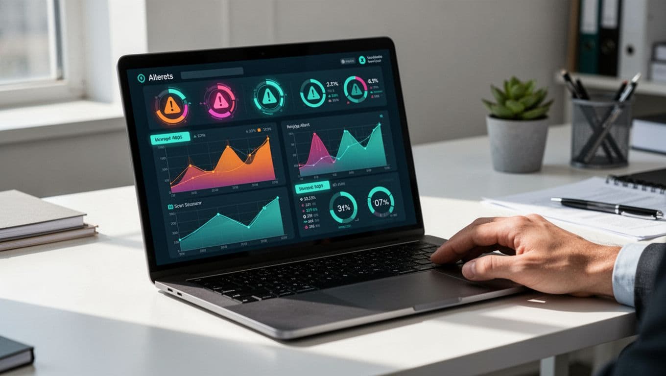 Modern illustration of a third-party risk dashboard on a laptop screen with graphs, alerts, and green accents on key metrics, hands resting on a desk in soft office lighting, clean composition, no text or logos.