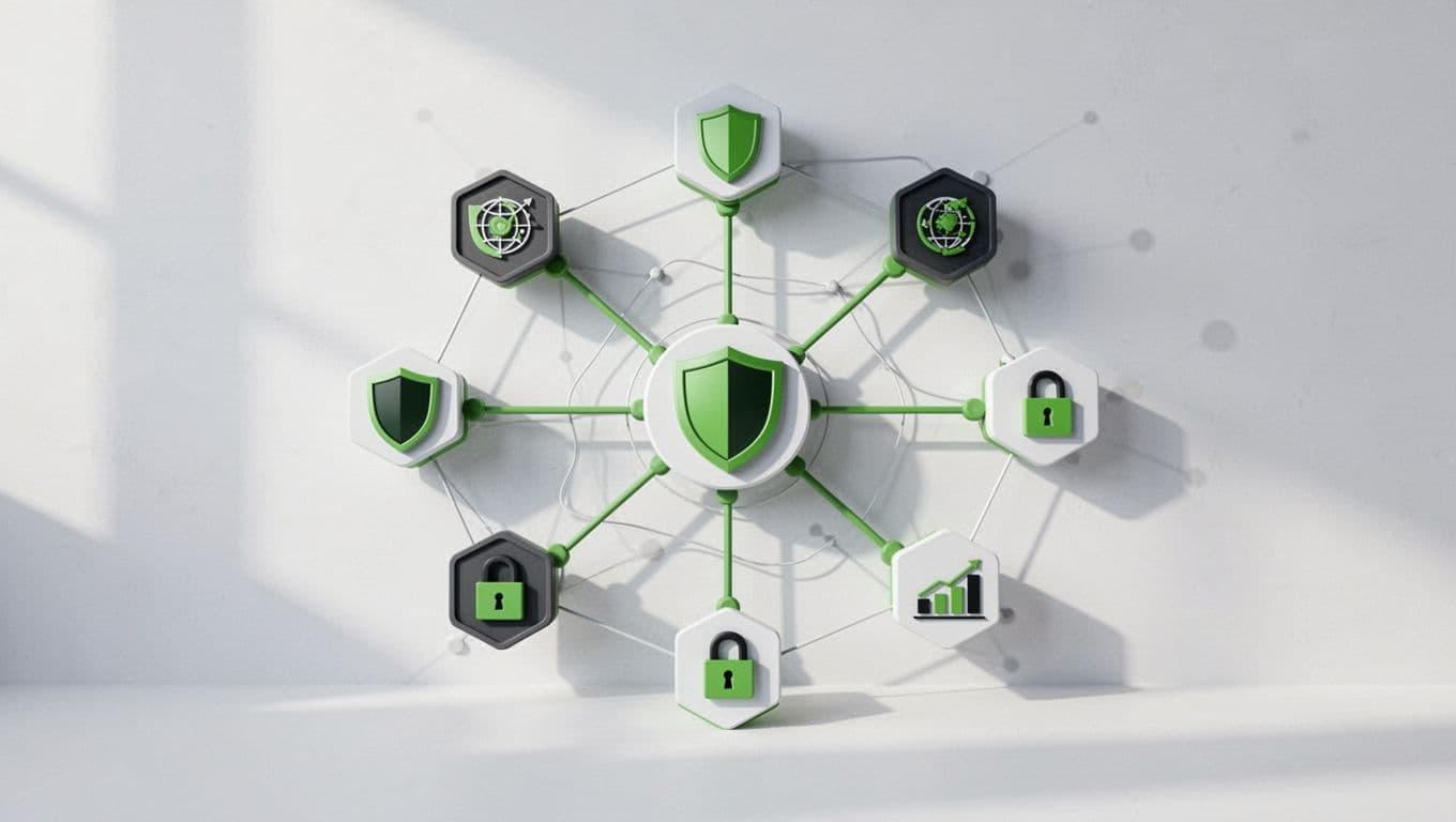 Visual representation of a third-party risk management (TPRM) framework with interconnected nodes for vendor assessment, monitoring, and reporting in a flowchart style. Features a central hub with risk icons like shields, locks, and charts, using clean modern shapes and green accents on a light background.