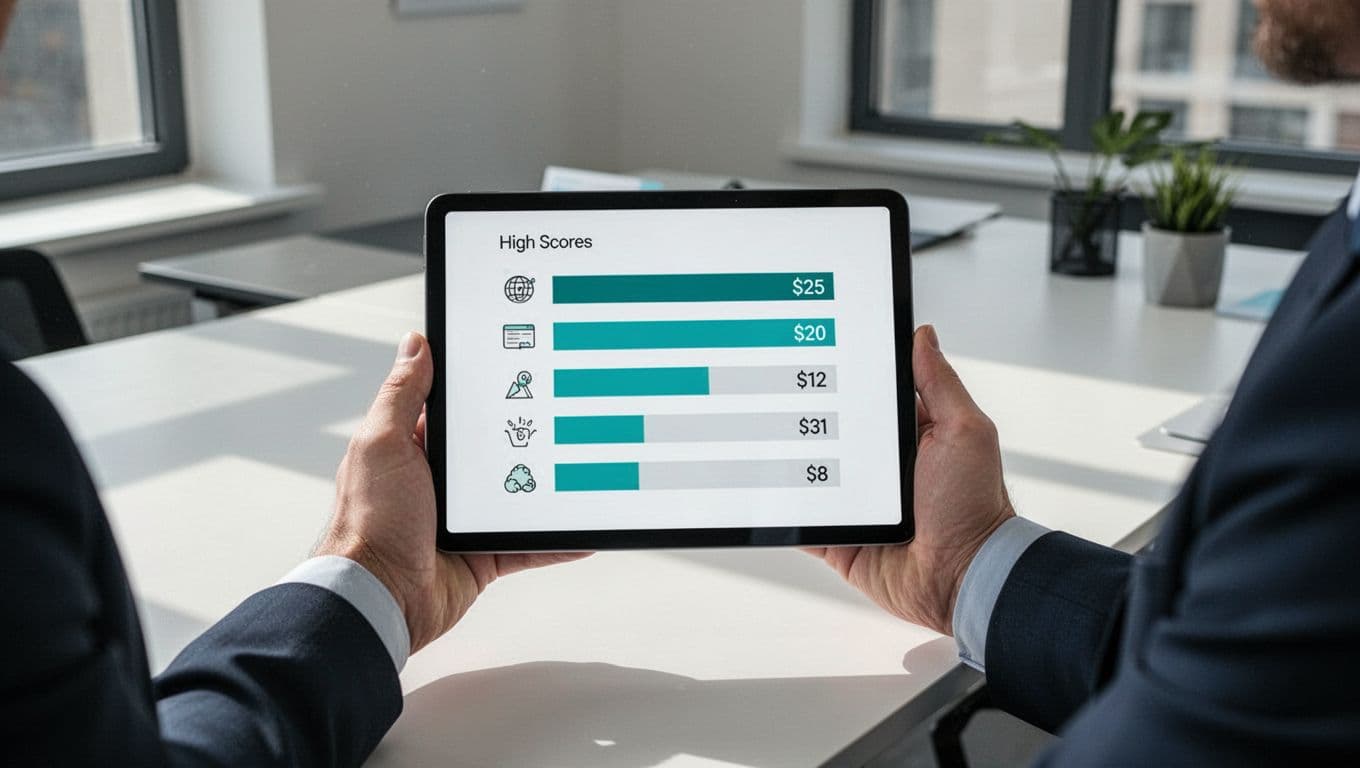 Modern illustration of a hiring scorecard for threat hunters displayed on a digital tablet held by a security manager in an office setting, featuring skills like hypothesis-driven hunting, ATT&CK knowledge, and scripting with green highlights on high scores.