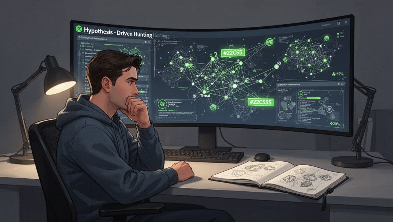 Modern illustration of a solo threat hunter in a focused workspace, analyzing hypothesis-driven hunting on a large curved monitor with abstract network graphs and threat indicators, notebook with sketches nearby, thoughtful pose.