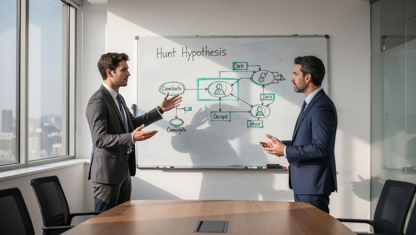 Modern illustration depicting a threat hunter candidate explaining a hunt hypothesis using ATT&CK tactics on a whiteboard to an interviewer in a conference room, with focused discussion and clean shapes.