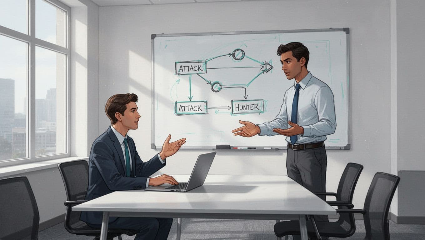 Modern illustration of an interviewer and threat hunter candidate in a bright conference room, discussing threat scenarios over laptops with a shared whiteboard sketch of an attack chain, using relaxed gestures and eye contact.