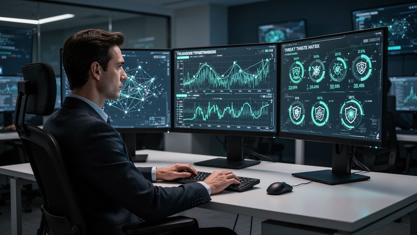Modern illustration of a cybersecurity professional in a dimly lit SOC room analyzing threat data across multiple screens displaying network graphs, timelines, and ATT&CK matrix elements with EDR and SIEM dashboards.