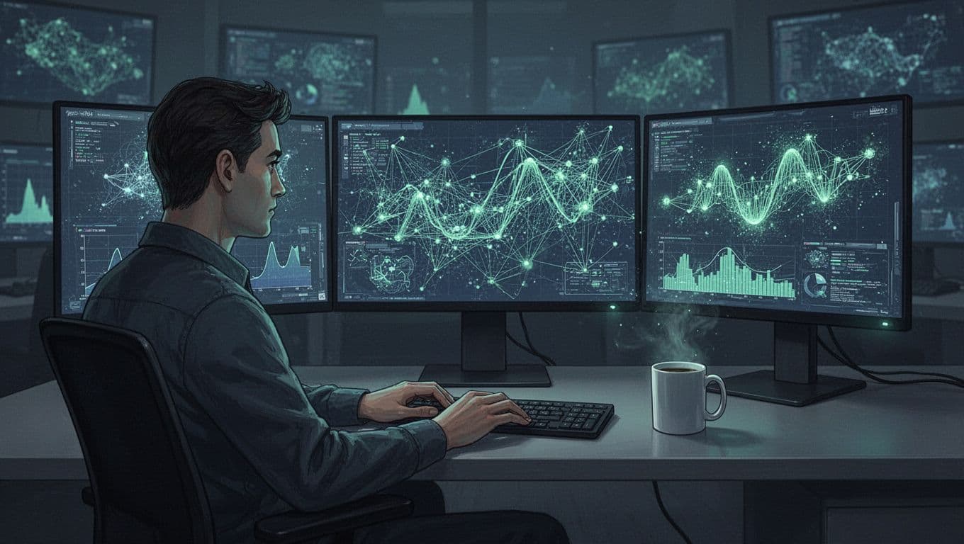 Threat hunter seated at desk with three monitors showing network graphs and alerts in dimly lit SOC room, typing on keyboard with coffee mug nearby.