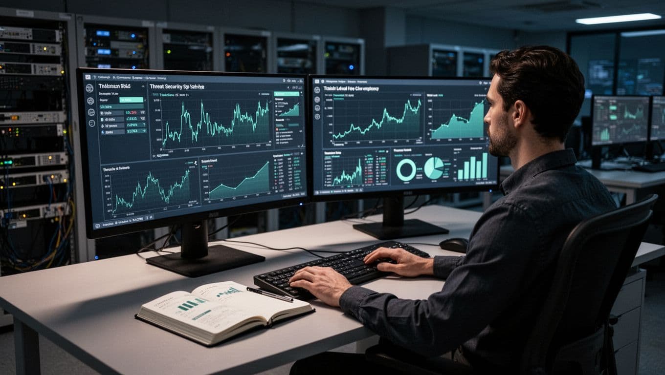 Modern illustration of a cybersecurity professional in a dimly lit SOC room analyzing threat intelligence on dual monitors with notebooks on the desk, green accents on charts.