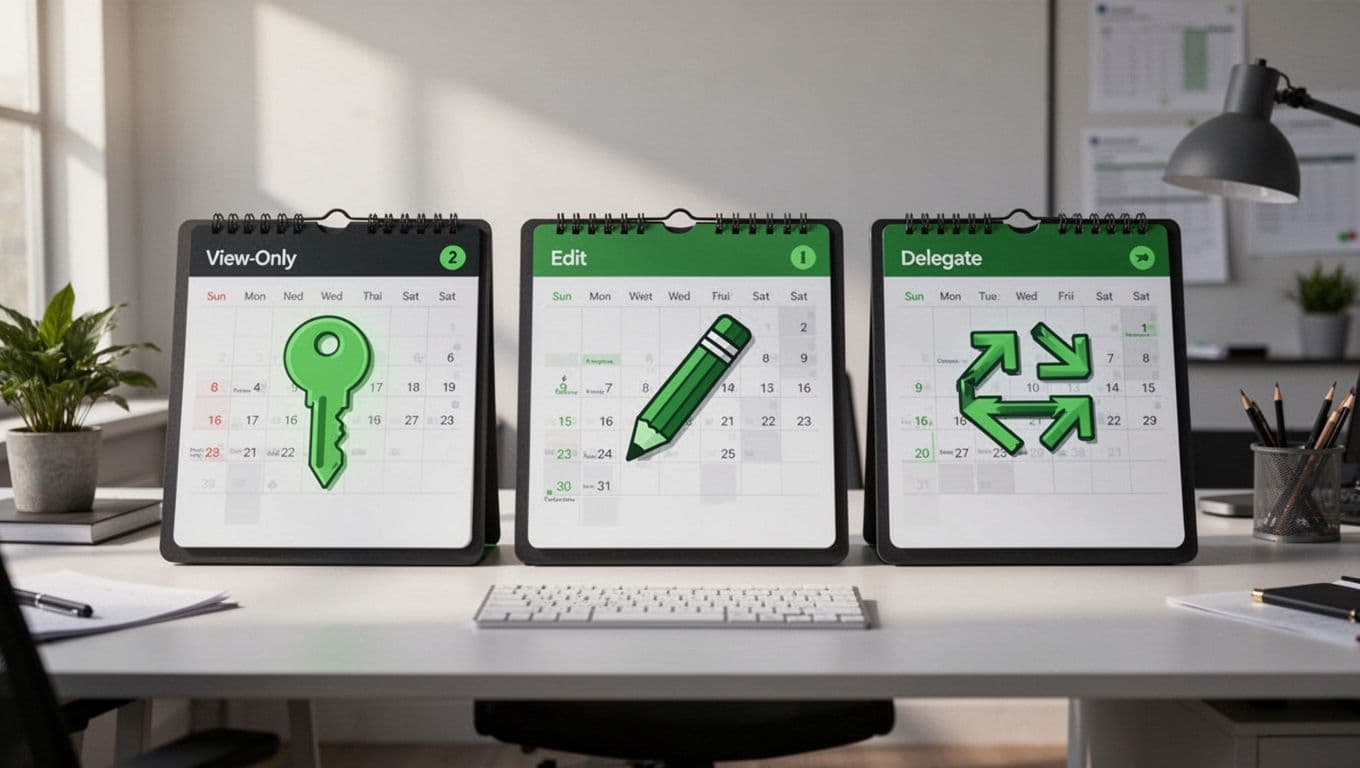 Modern illustration of three executive calendars side by side on a shared digital desk in an office, each with subtle green key icons indicating view-only, edit, and delegate access levels. Clean shapes, controlled colors, soft lighting, no people or text.