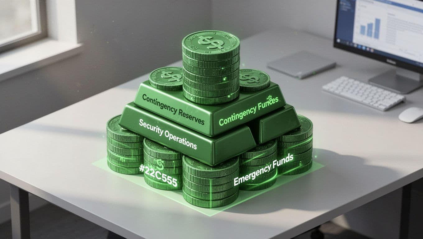Isometric stacks of green coins in three tiers on office background.