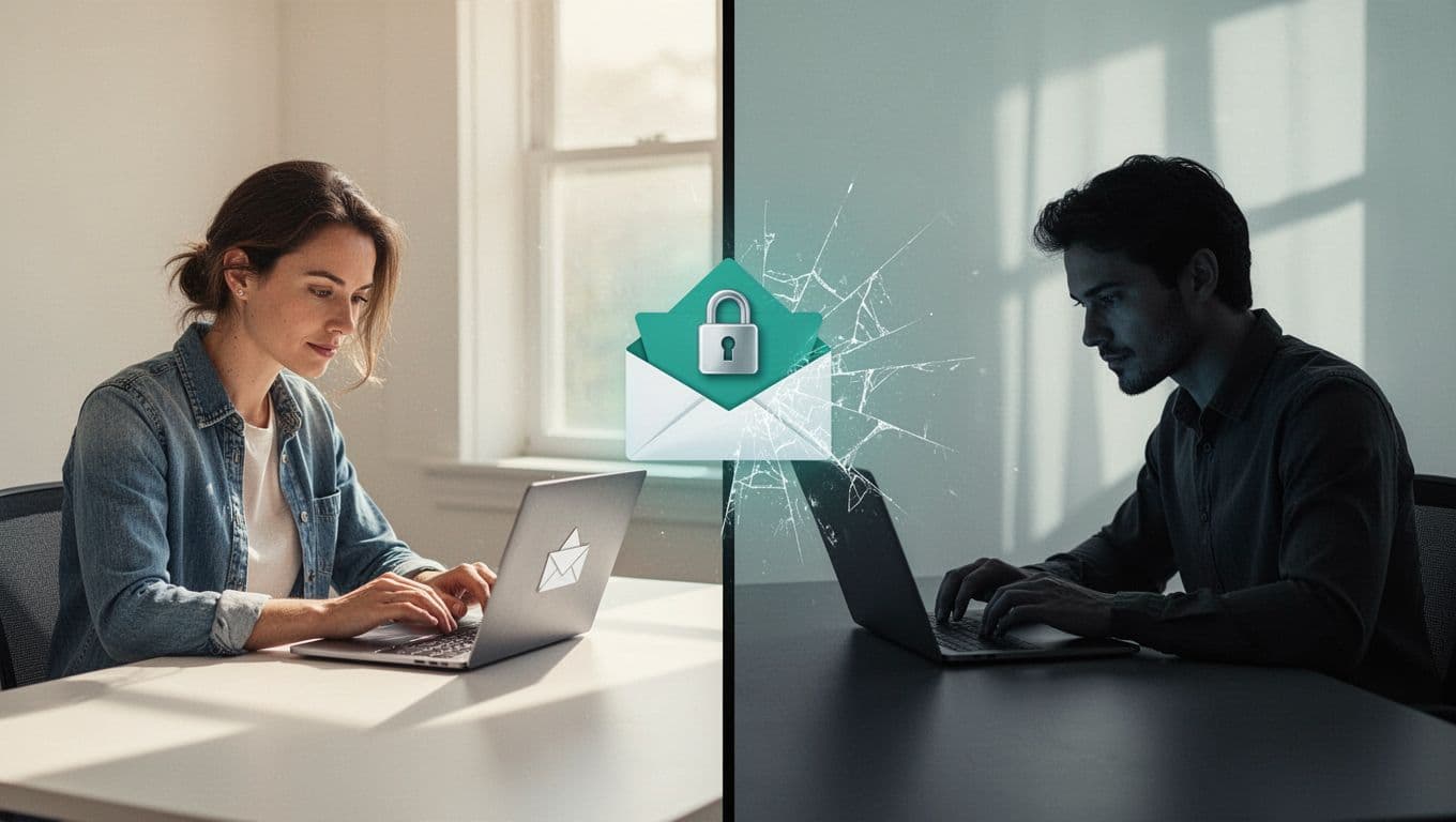 Split view shows user at laptop receiving email on left and attacker reusing reset token with broken lock on right.