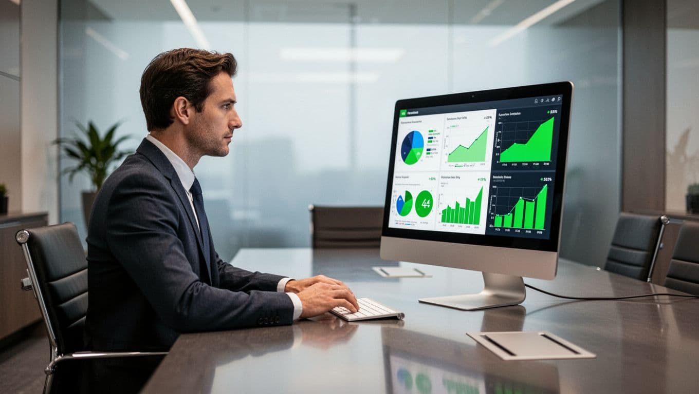 Modern illustration of a professional in a boardroom viewing a computer dashboard displaying third-party risk metrics like compliance scores and risk levels, with green-accented charts and clean composition.