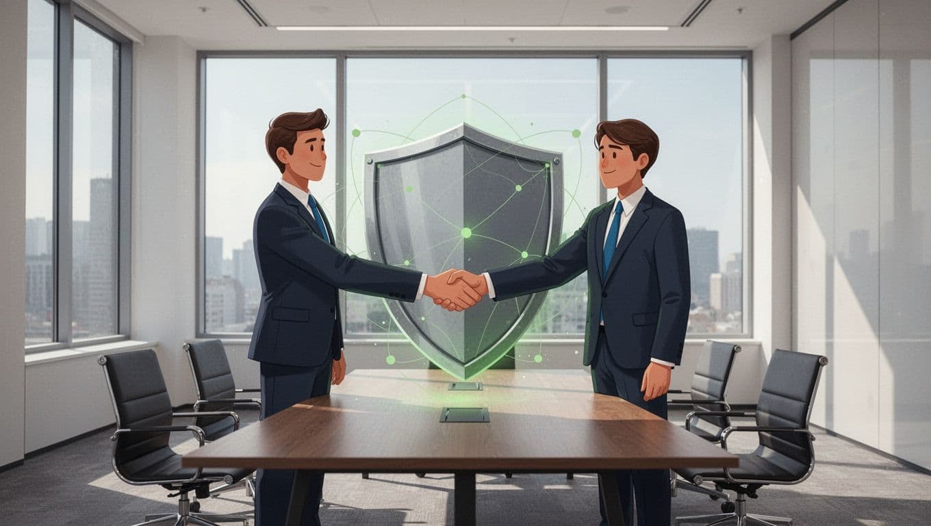 Modern illustration featuring two professionals shaking hands over a security shield icon with green accents, set in an office meeting room with natural window light.