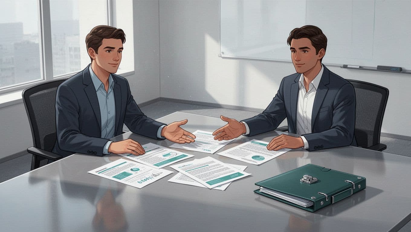 Two professionals in a modern conference room seated at a table, calmly reviewing printed documents with one gesturing openly toward the paper, relaxed postures, and a secure green-accented folder nearby. Modern illustration with clean lines, soft natural lighting, and strong composition focused on the table.