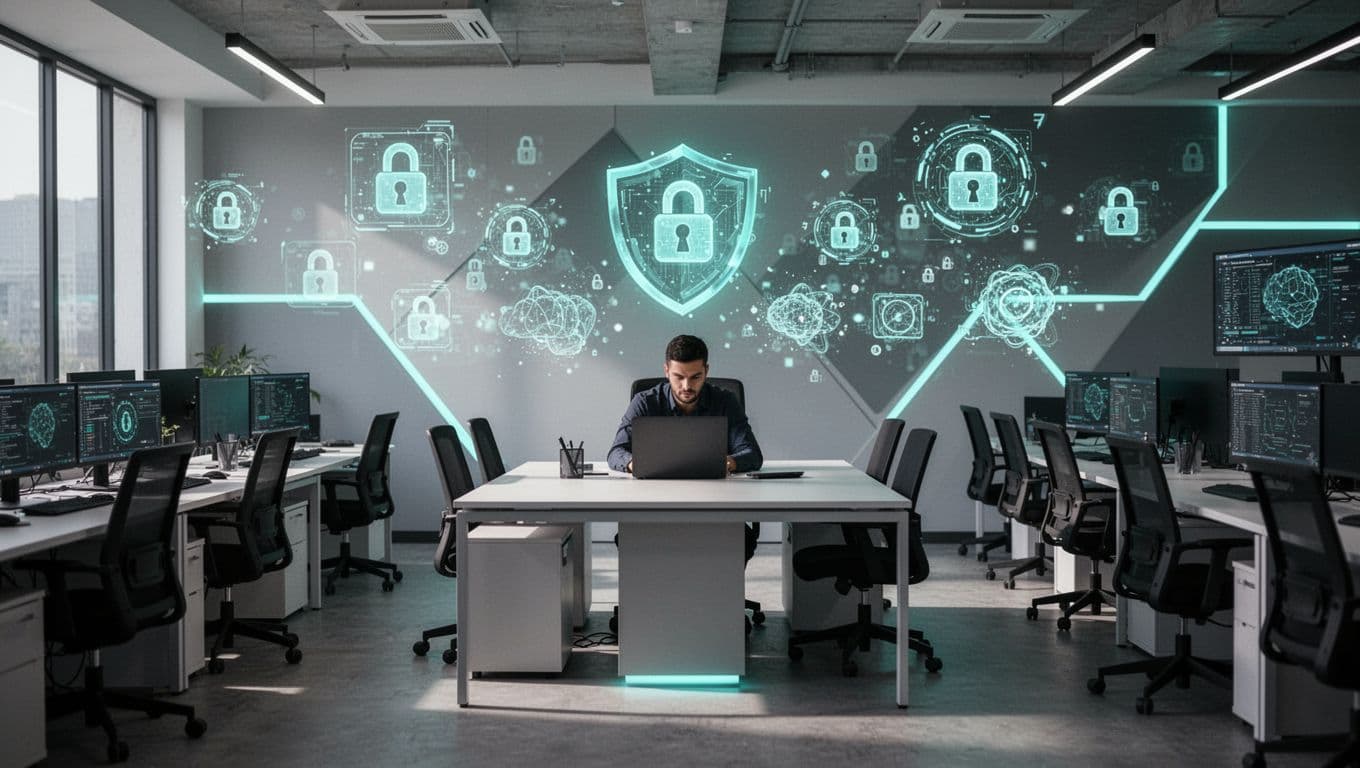 Modern illustration depicting a cybersecurity operations center filled with empty workstations and chairs, while glowing cyber threat icons approach a single stressed security analyst working alone at a central desk with multiple monitors.