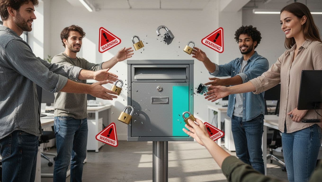 Modern illustration of a central shared mailbox icon surrounded by multiple user avatars freely accessing it, featuring broken locks and red warning symbols in an office background with desks and computers.