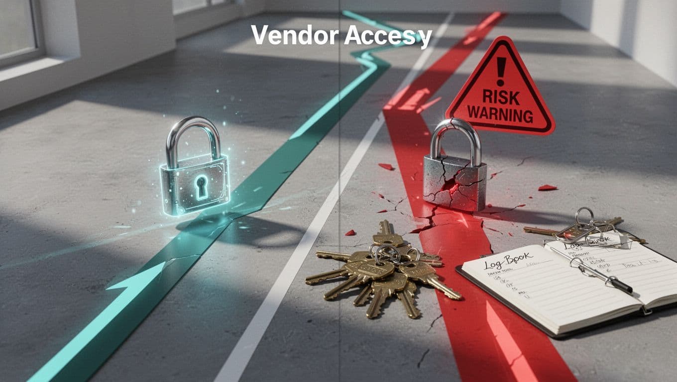 Secure green path contrasts insecure vendor pathway with red flags: broken lock, excess keys, no logs.