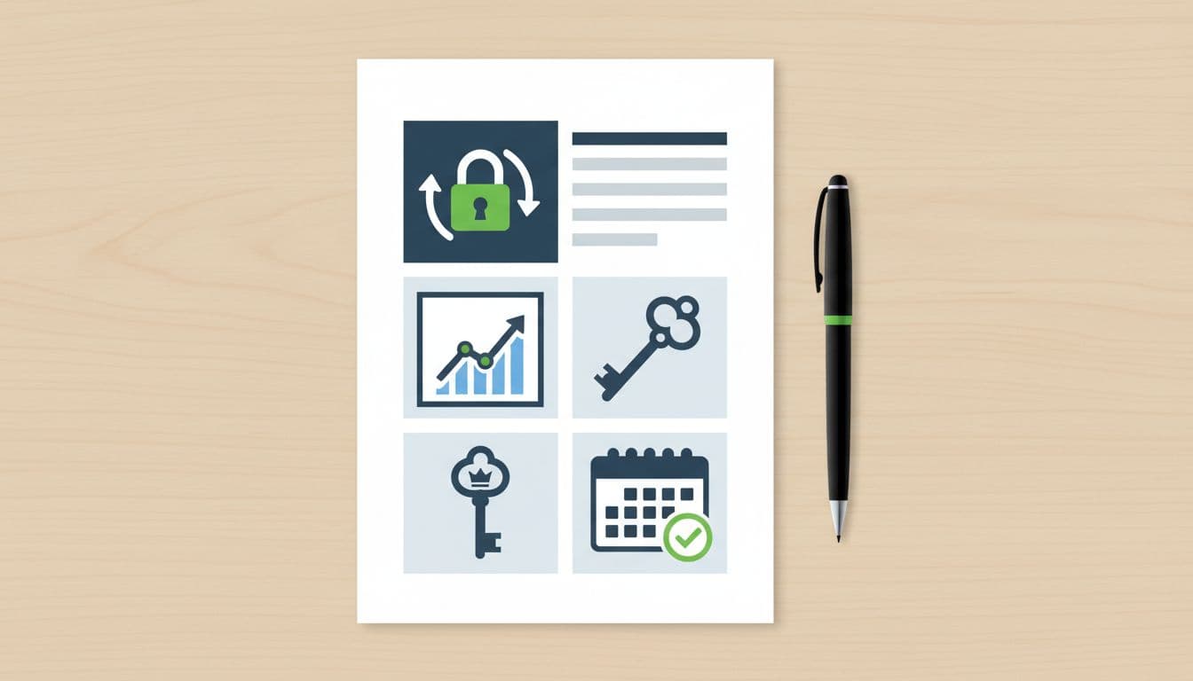 Checklist document on desk with pen and icons for MFA lock, logging graph, least privilege key, and recertification calendar.