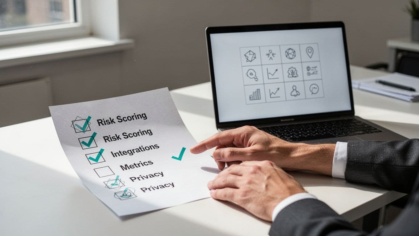 Modern illustration of a desk checklist for AI risk scoring, integrations, metrics, and privacy in human risk platforms, with a laptop showing a comparison table and a hand pointing to a check item.