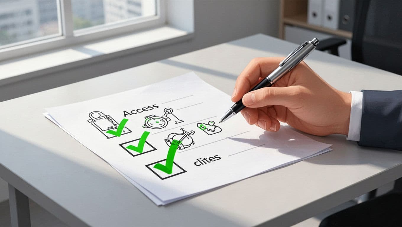 Modern illustration of a checklist on an office desk with crossed-off icons for SSO, VPN, cloud platforms, API keys, and badges. A hand holds a pen nearby, using clean shapes, controlled colors with green checkmark accents, and natural lighting.