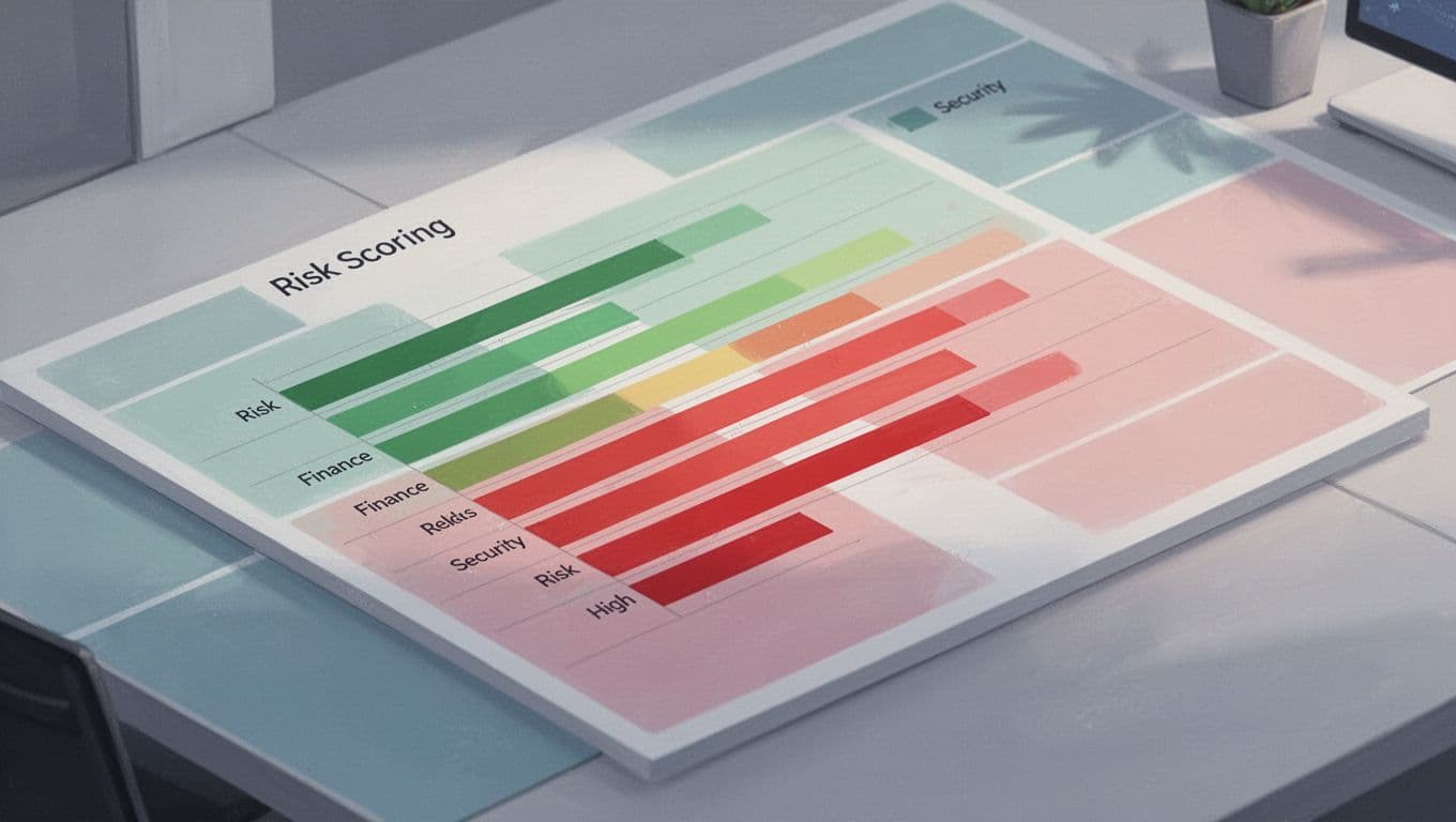 Isometric digital dashboard with risk scoring matrix table showing color-coded bars from green to red for financial and security categories.