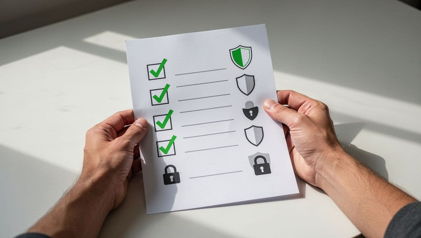 Modern illustration of a paper checklist with security icons like shields and locks next to green-accented checkmarks, held naturally by one hand on a simple desk.