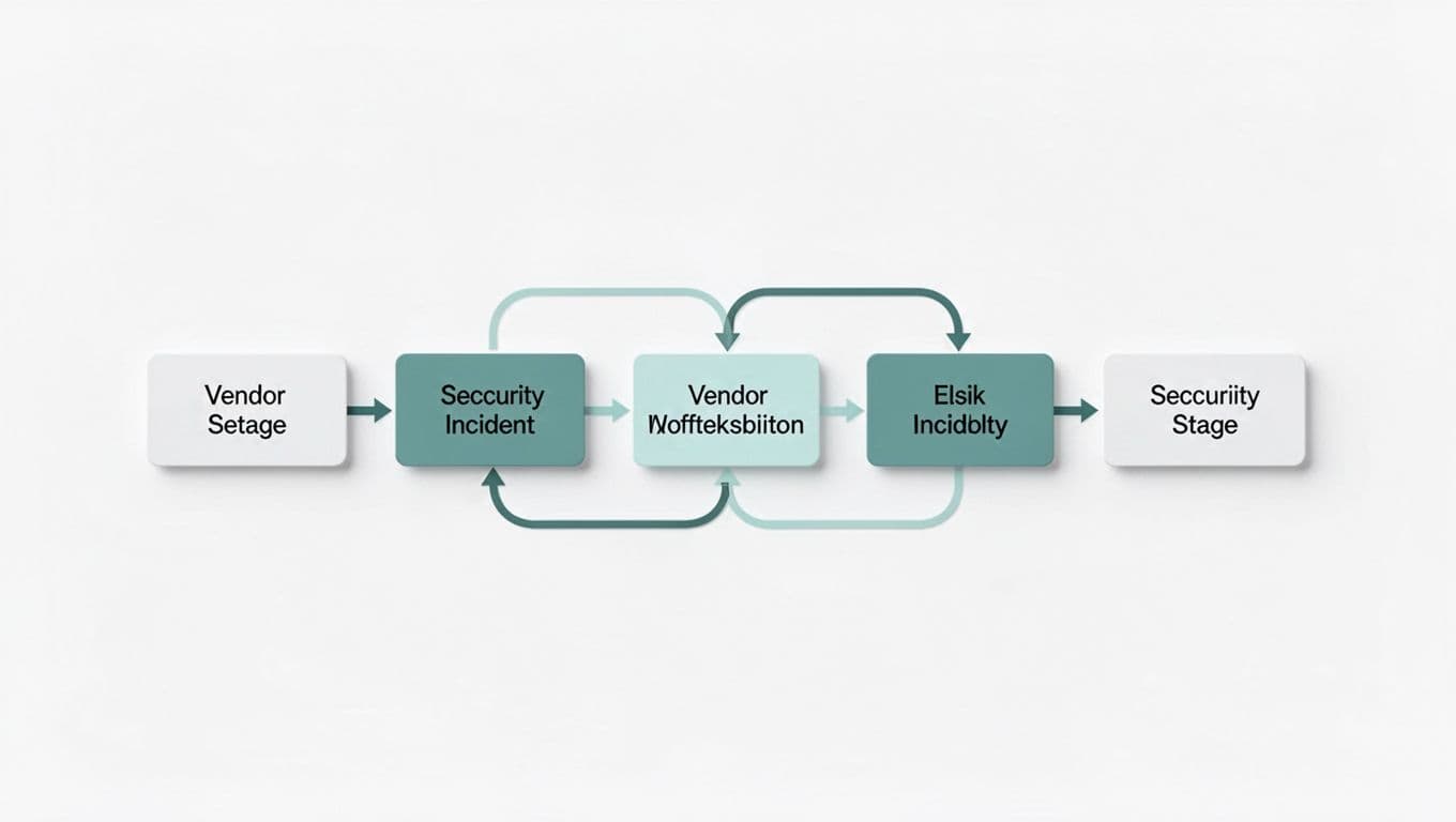 Modern illustration of a simple linear five-step workflow for vendor security incident reporting, shown as connected boxes with arrows: detect issue, submit report, triage, assess severity and escalate, resolution and close. Clean design on white background with green accent color.