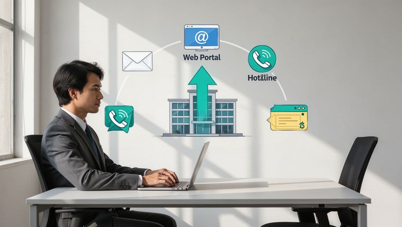 Modern illustration featuring security reporting channels for external vendors, including email, web portal dashboard, hotline phone, and ticketing system icons arranged in a semi-circle around a central secure pathway to a company building, with a subtle office desk and one vendor representative at a laptop.