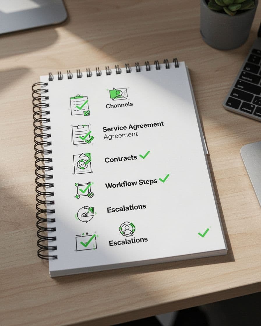 Modern illustration of a checklist for vendor security reporting process, featuring icons for channels, SLAs, contracts, workflow, and escalations, arranged vertically as a notepad list on a desk in a subtle professional setting.