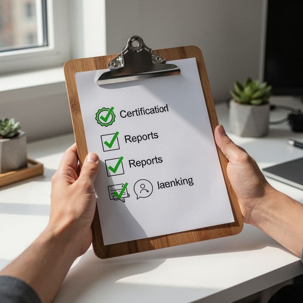Modern illustration of a checklist on a clipboard with green checkmarks next to icons for certifications, reports, and communication, held by one hand in a relaxed pose on an office desk background.