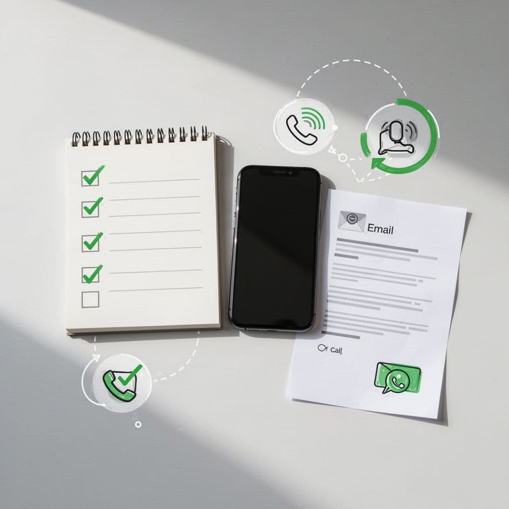Notepad checklist next to phone and email printout on simple desk with callback and multi-channel icons.