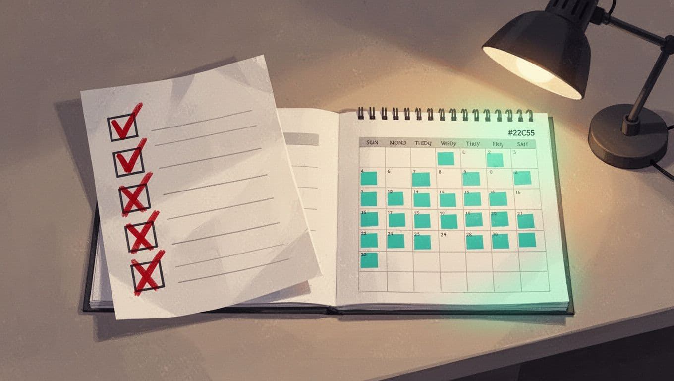 Modern top-view illustration of a desk with checklist showing red X marks on failed items like expired password and MFA error, beside a calendar with weekly marks under warm lamp lighting.